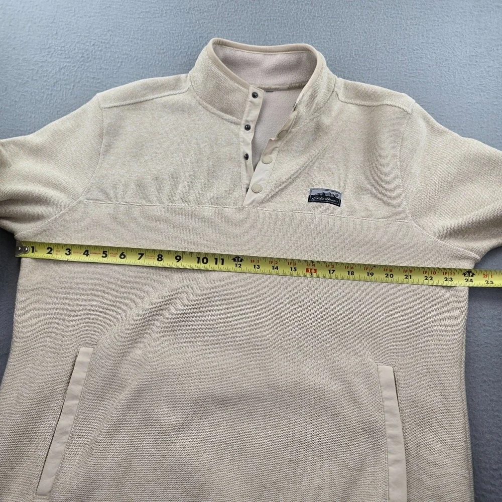 Eddie Bauer Sweater Mens Beige Mock Neck Fleece Logo Relaxed Fit Quarter Snap
